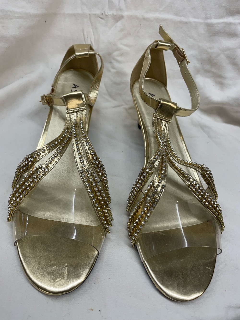 Ashro Gold Rhinestone T-Strap Women's Sandals - Elegant Evening Wear Sz 11m